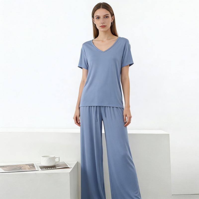 Modal Homewear 2pcs Pajamas Set Short Sleeve Tops and Trousers Solid Color Casual Loose Sleepwear Suit Plus Size Nightwear