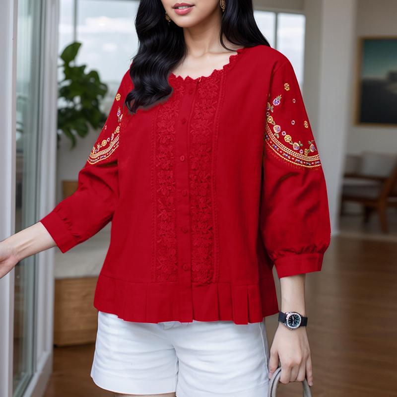 ZANZEA Womens Casual Embroidery Lace Patchwork 3/4 Sleeve Loose Blouse