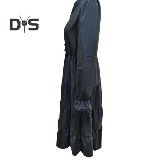 Spring Dress Pleated Patchwork Hem A-line Big Swing Midi Dress V Neck Long Puff Sleeves Flowy Dress High Waist Solid Color Dress for Datings Prom