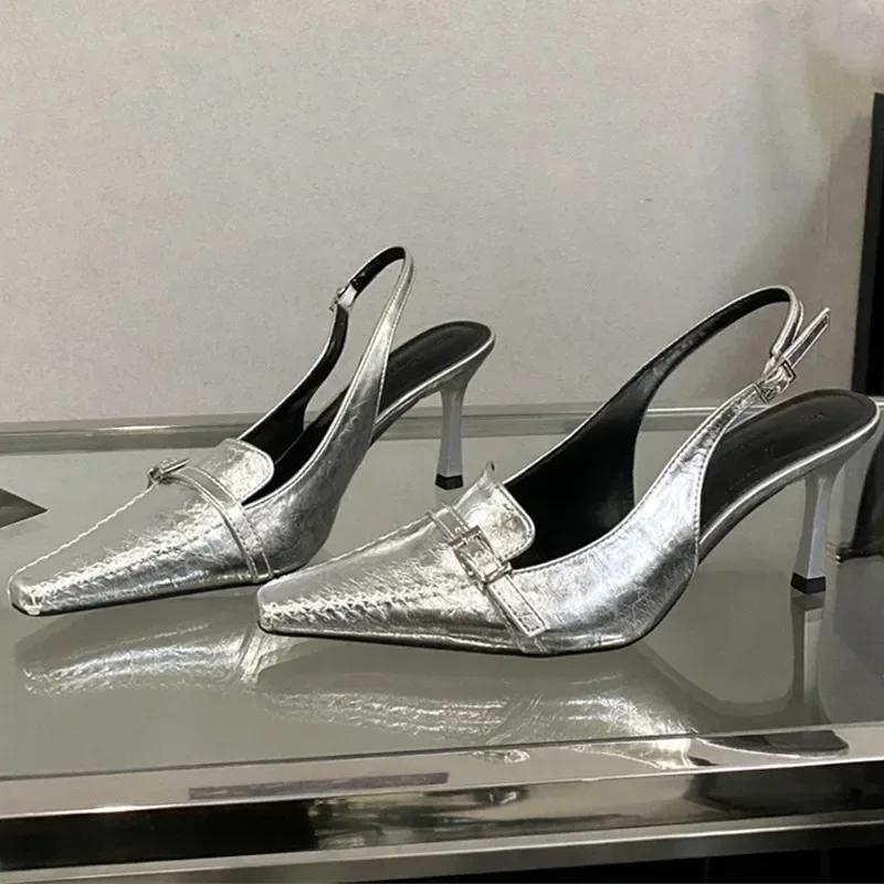 

Fashion High Quality Soft Leather Gold Silver High Heels Women Sexy Pointed Toe Belt Buckle Decoration Heeled Sandals Office Women Pumps 35 серебряный