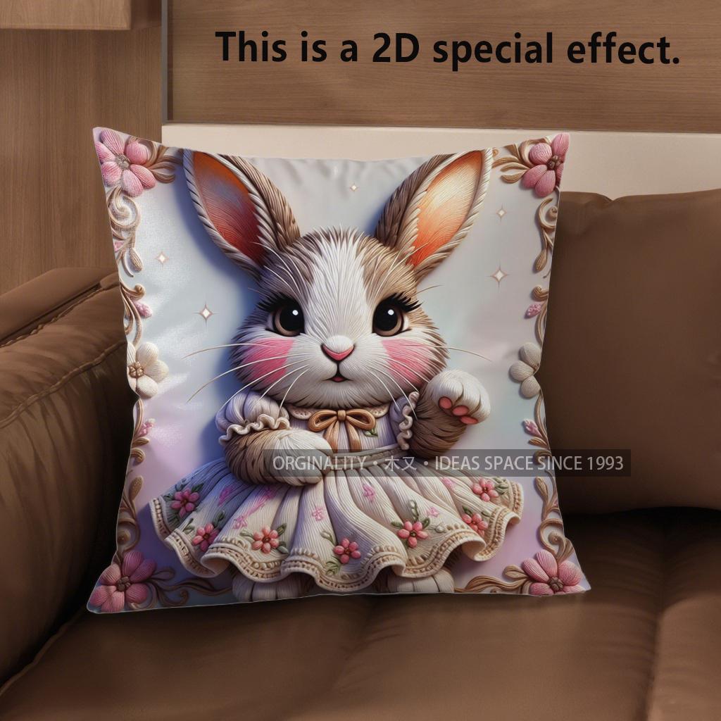 2D Cute Bunny Dressed In Floral Dress Cushion Covers Pattern Cushion Cover Suitable For Sofa Bedroom Car Pillow Cover