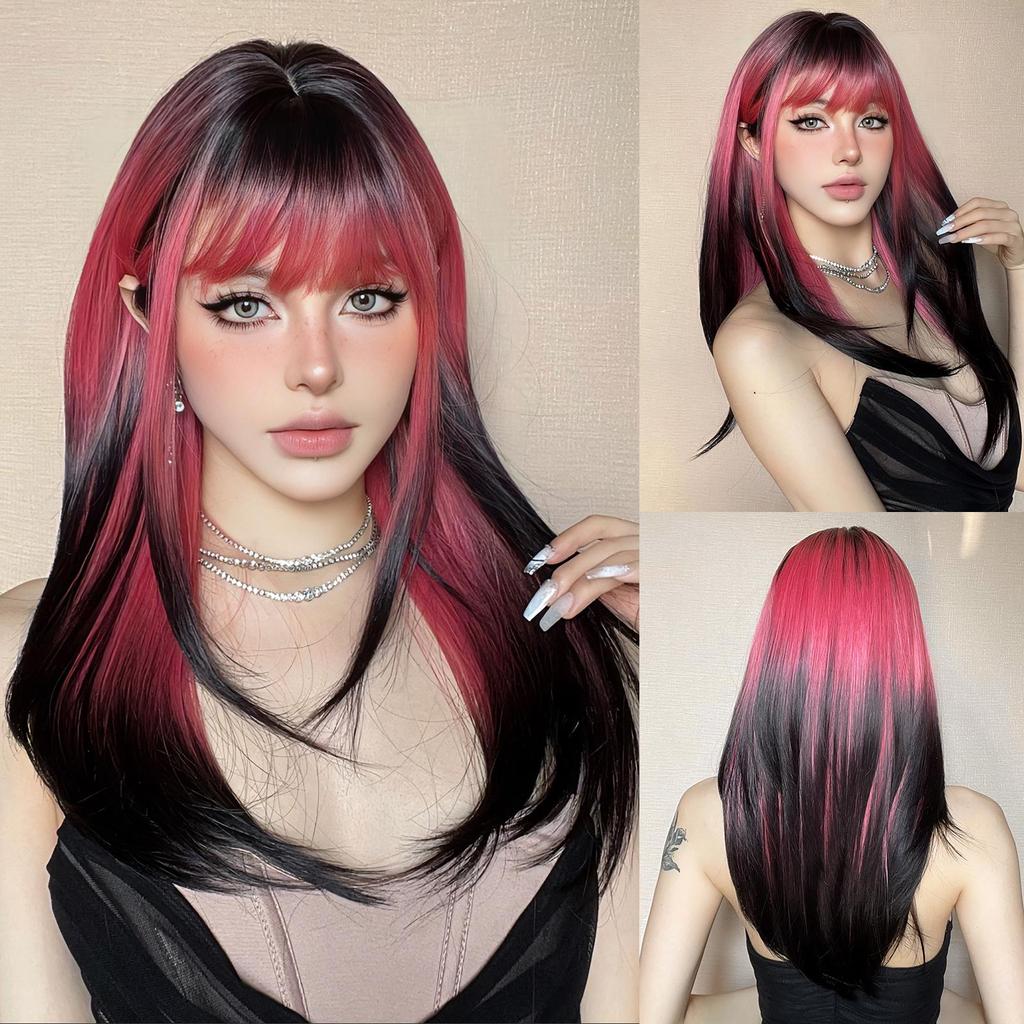 Platinum Ombre Synthetic Wigs for Women Long Wavy Silky Natural Hair Wig with Bangs Cosplay Party Heat Resistant Fake Hairs