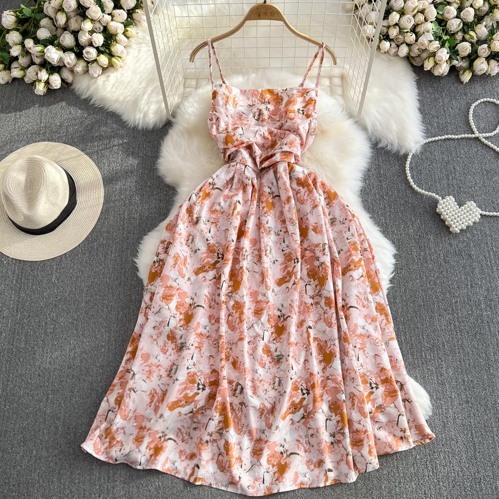 Beach Vacation Strapless Floral Camisole Dress  A Line Slim  Sleeveless Backless Dress for Summer