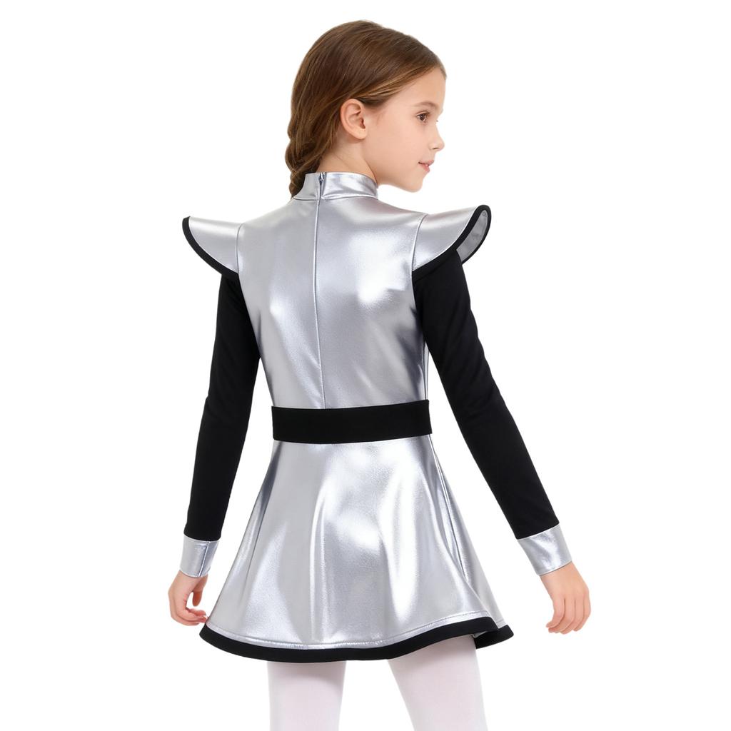 Robe Costumes d'Aliens pour Filles Patchwork Brillant Métallique Col Montant Manches Longues Fermeture Éclair Invisible Short Intégré