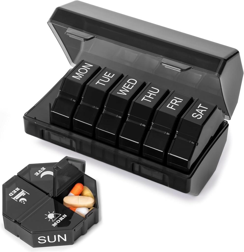 Portable Travel Weekly Pill Organizer Box Case 4 Times A Day 28 Extra Large Compartments Organizer Container for Vitamin Fishoil