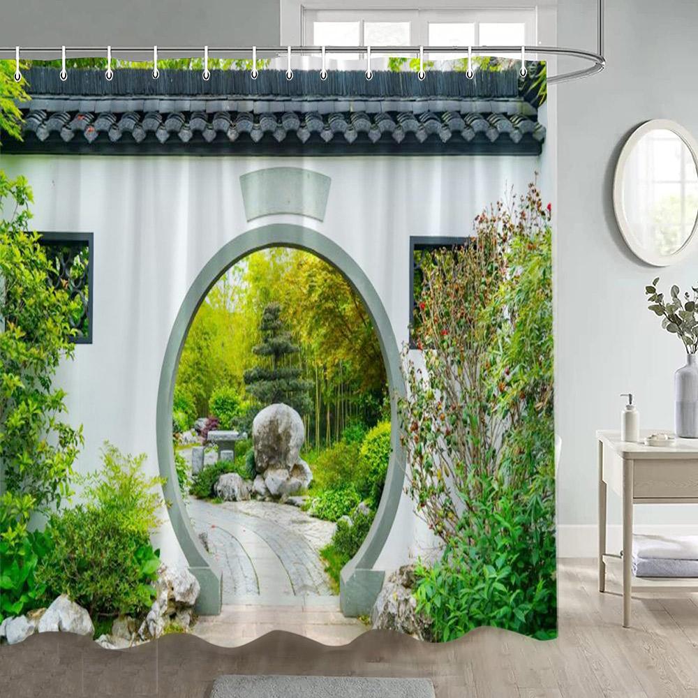 

Rustic Landscape Shower Curtain Forest Waterfall Chinese Moon Door Flowers Plant Nature Scenery Polyester Bathroom Curtain Decor W60H190(CM)-1 Pcs