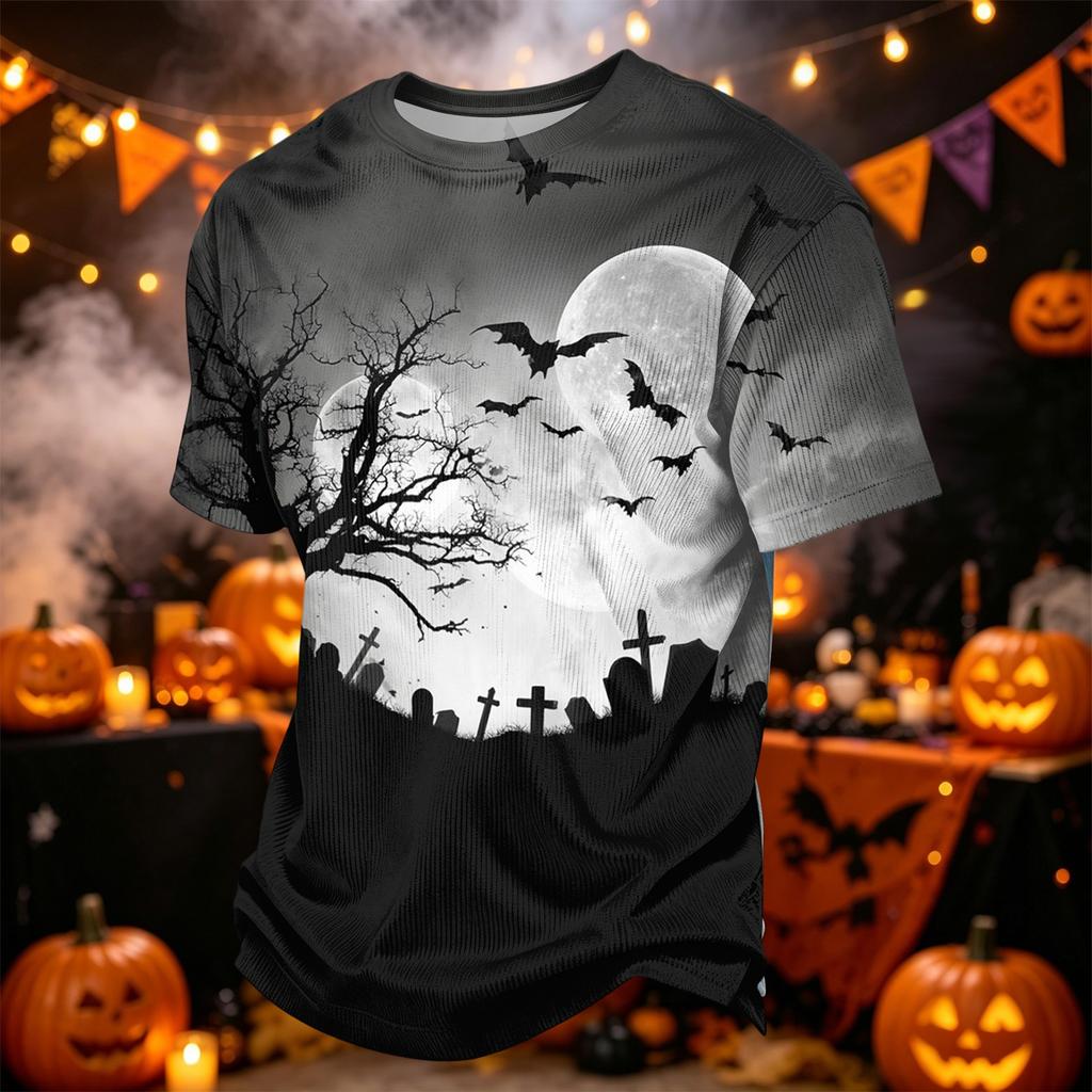 Men's Casual Corduroy Short Sleeve Lightweight Breathable Round Neck Shirt Halloween Print Design Suitable for Everyday Wear