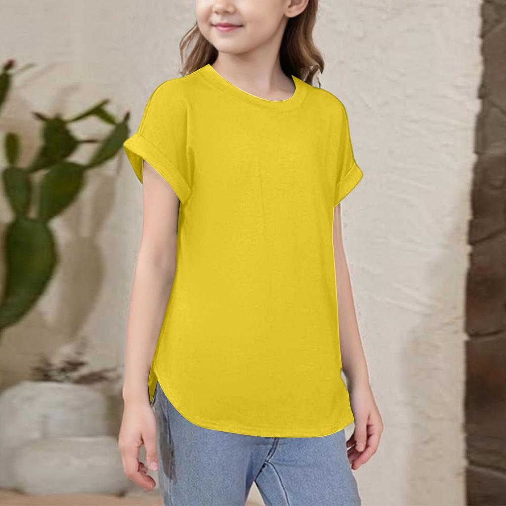 Girls Short Sleeve T Shirts Kids Crewneck Curve Summer Tees Hem Tops Sleeve T Shirts