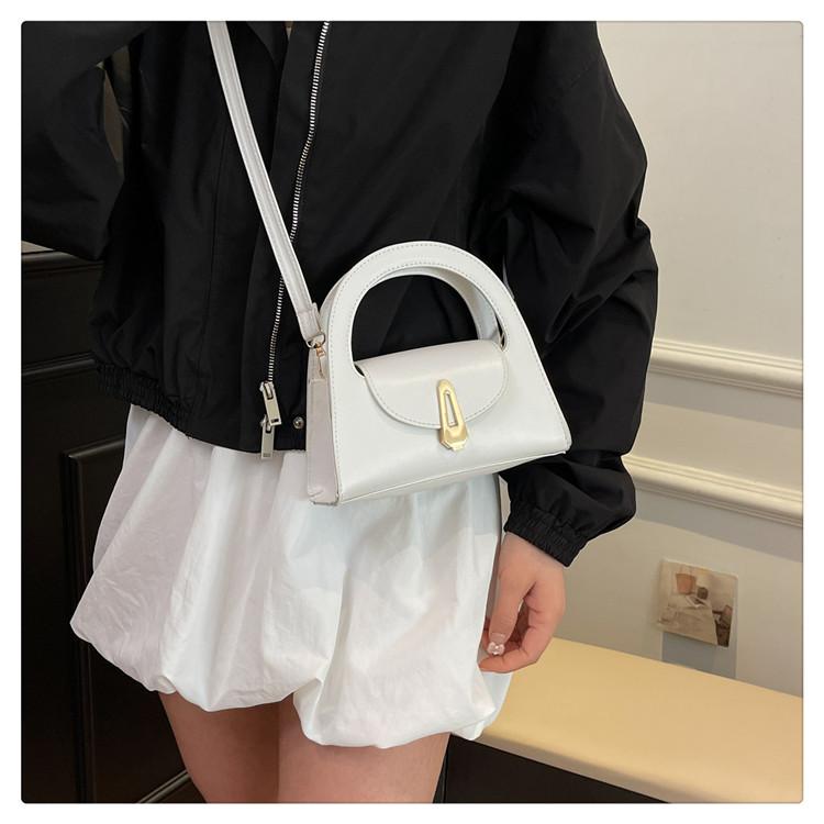 Chic Solid Color Faux Leather Shoulder Bag, Women's Semi Circle Handbag with Snap Lock, Trendy Commute Crossbody Purse CLE