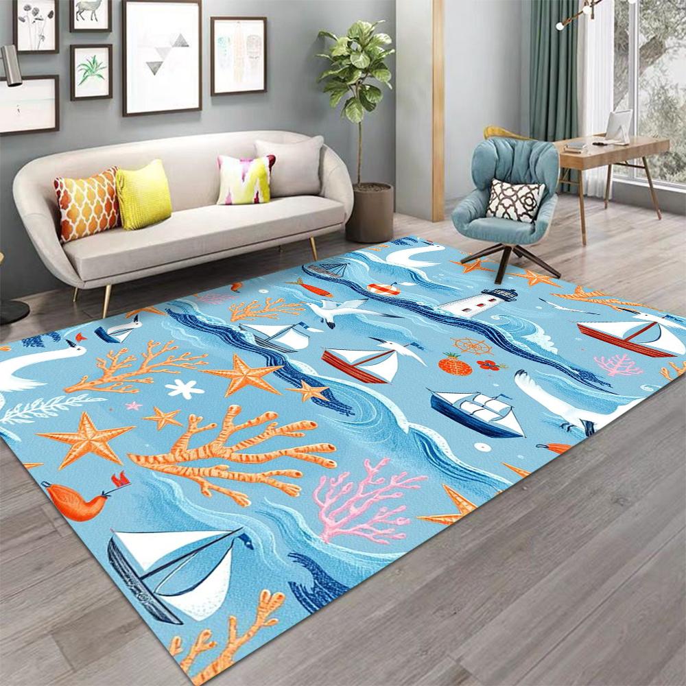 Cartoon Sea Shells Sea Stars Dolphins Carpet for Living Room Decor Sofa Rug Children's Play Mat Bedroom Bedside Rug Nursery Mat