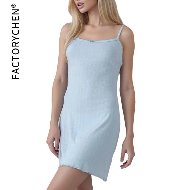 Xqwewanticeaa Women's Blue Fashion Sexy Suspender Dress Summer Pajamas Pure Cotton Home Skirt Cm