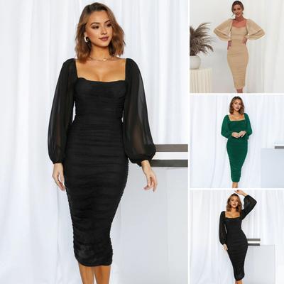 Women Evening Dress Square Neck Mesh Lantern Sleeve Pleated Bodycon Pure Color Elastic Mid-calf Length Midi Dress for Prom Formal Party