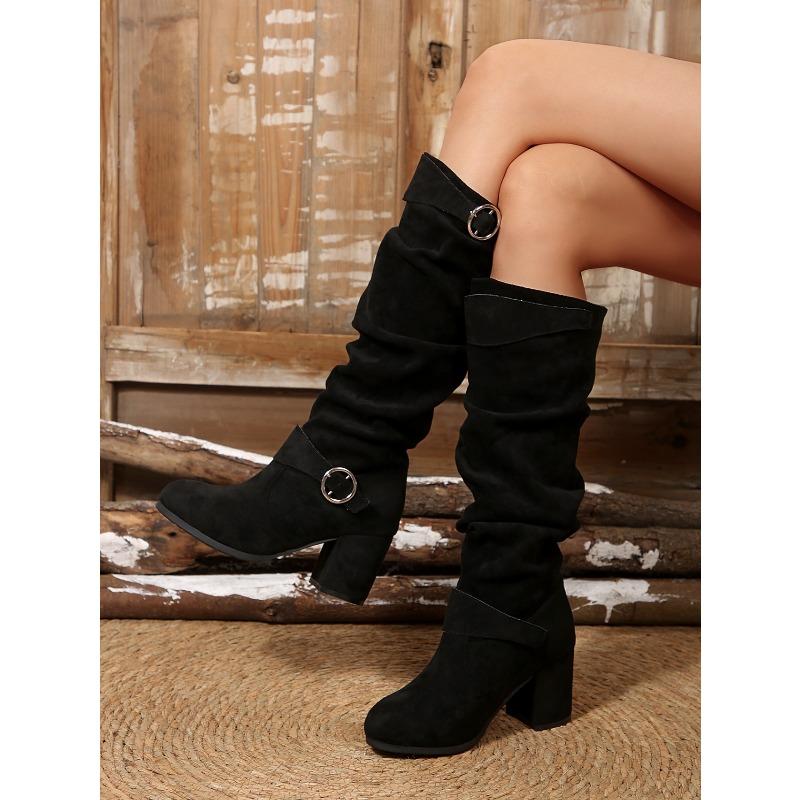 Double Buckle High-heeled Fashion Boots 2025 Winter New Suede Plus Size Thick Heel Round Toe Boots for Women
