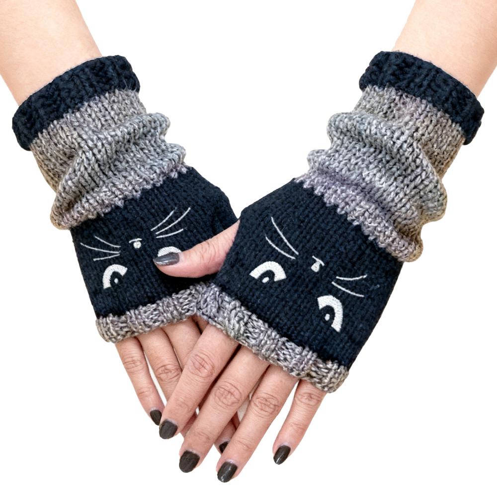 Winter Warme Handschuhe, Patchwork-Strickhandschuhe mit Katzenstickerei, Modische Fingerlose Freizeit-Damenhandschuhe, Neujahrsgeschenke