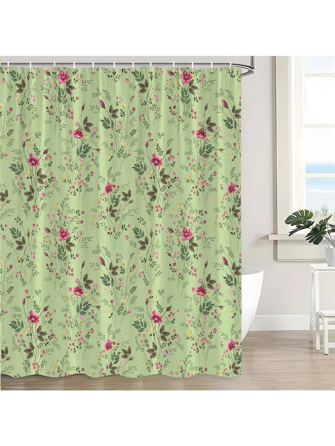 Sage Green Botanical Shower Curtain Floral Vintage Pink Flower Green Leaves Plant Watercolor Wildflower Herb Elegant Bath 90x180CM