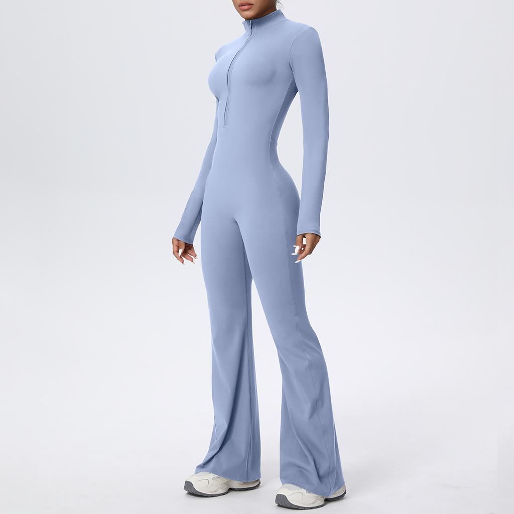 Zipper nude long-sleeved yoga flared pants onesie women's running fitness clothes sports trend onesie tights