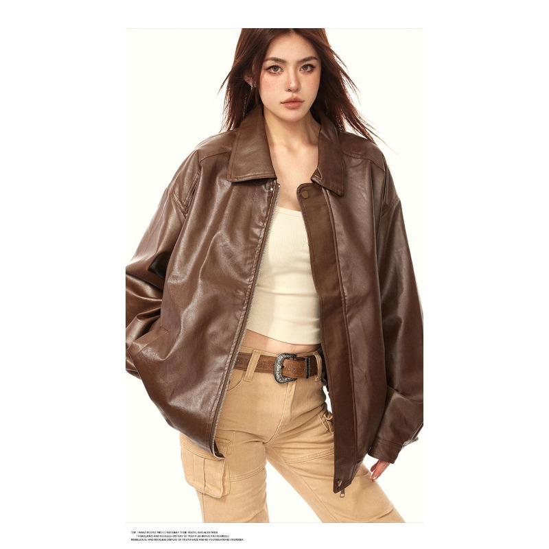 Autumn New Top PU Leather Solid Colo Retro Zipper Jacket Motorcycle Style Hip-hop