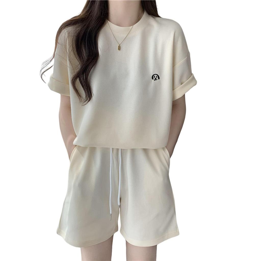 2 Teile/satz Sommer Frauen Trainingsanzug O Neck Brief Drucken Reine Farbe Kurzarm T-shirt Kordelzug Elastische Taille Shorts Für Sport