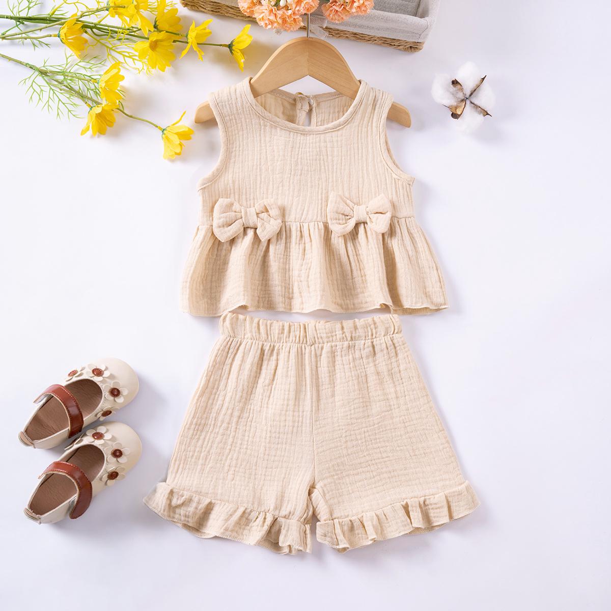 Peuter Meisjes Muslin Katoen Pakken Effen Kleur Strik Vest+Korte Broek 2 Delige Kleding Sets Mouwloos Schattig Casual Baby Meisjes Outfits 90