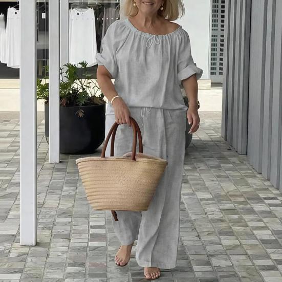 Summer Cotton Linen 2 Piece Outfits for Women Casual Short Sleeve Drawstring Crew Neck Top And Wide-Leg Pants Lounge Matching Set
