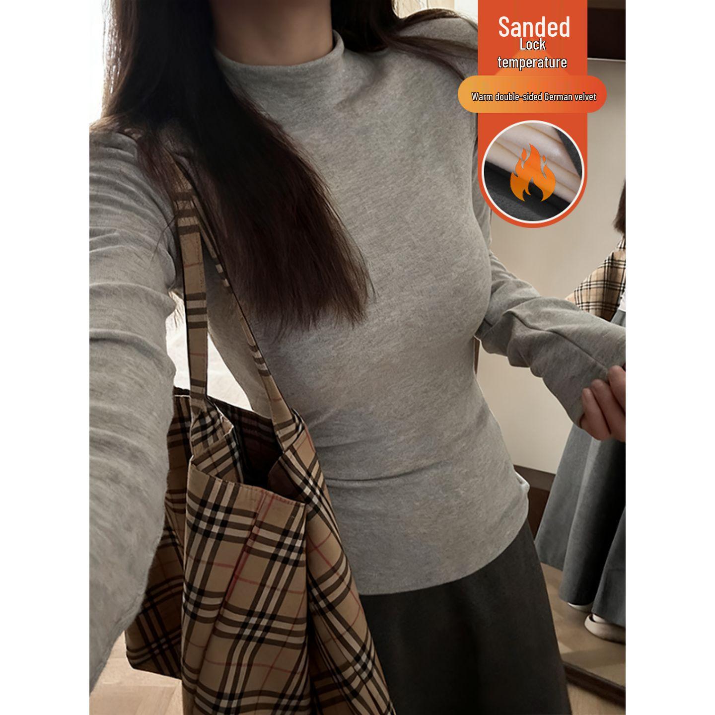 Women s Gray Silver Fox Velvet Half-High Neck Warm Long-Sleeve Slim-Fit Winter T-shirt L