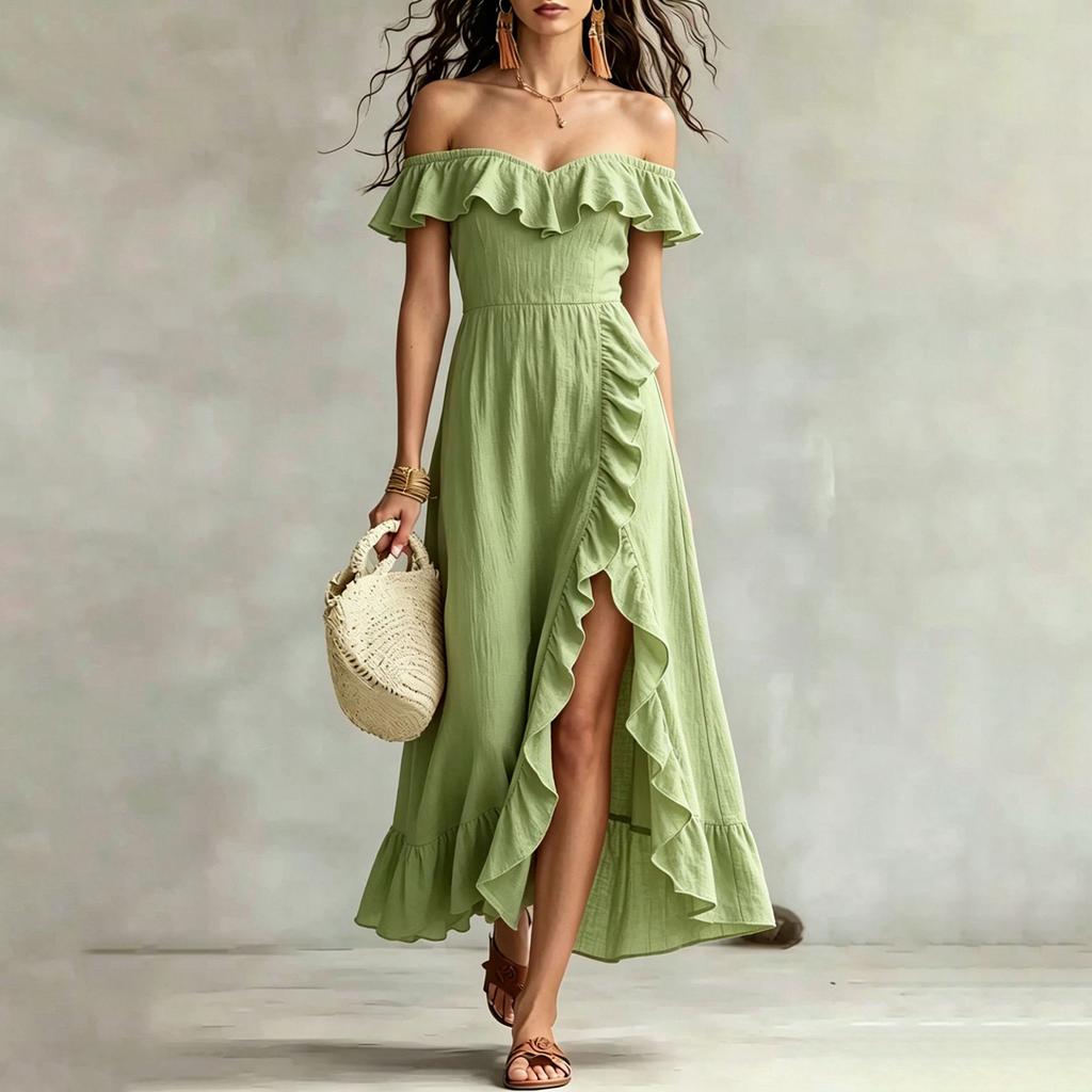 Women's Fashionable Sexy Ruffle Edge French One Shoulder Temperament Vacation Loose Dress
