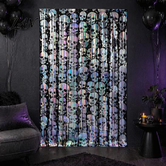 Halloween Background Skull Foil Fringe Curtain, Iridescent Disposable Tablecloth, Decorative Curtain Table Cover Tinsel Backdrop for Holiday
