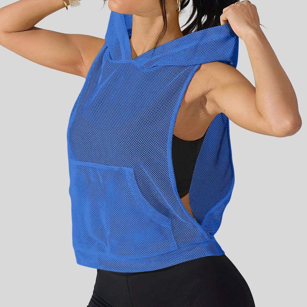 Women Loose Fit Pullover Mesh Hooded Tank Top Lightweight Breathable Fitness Vest Sleeveless Sport Shirt for Gym Yoga Running