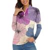Women's Casual Fashion Retro Floral Print Long Sleeve Zipper Neck Top T-shirt