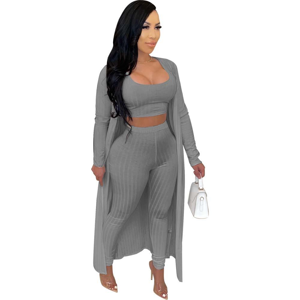 

Женский модный трикотажный костюм из 3 предметов для отдыха ( Длинное пальто + майка + свободные длинные брюки ) Зимняя модная одежда 3 шт. Костюм M серый