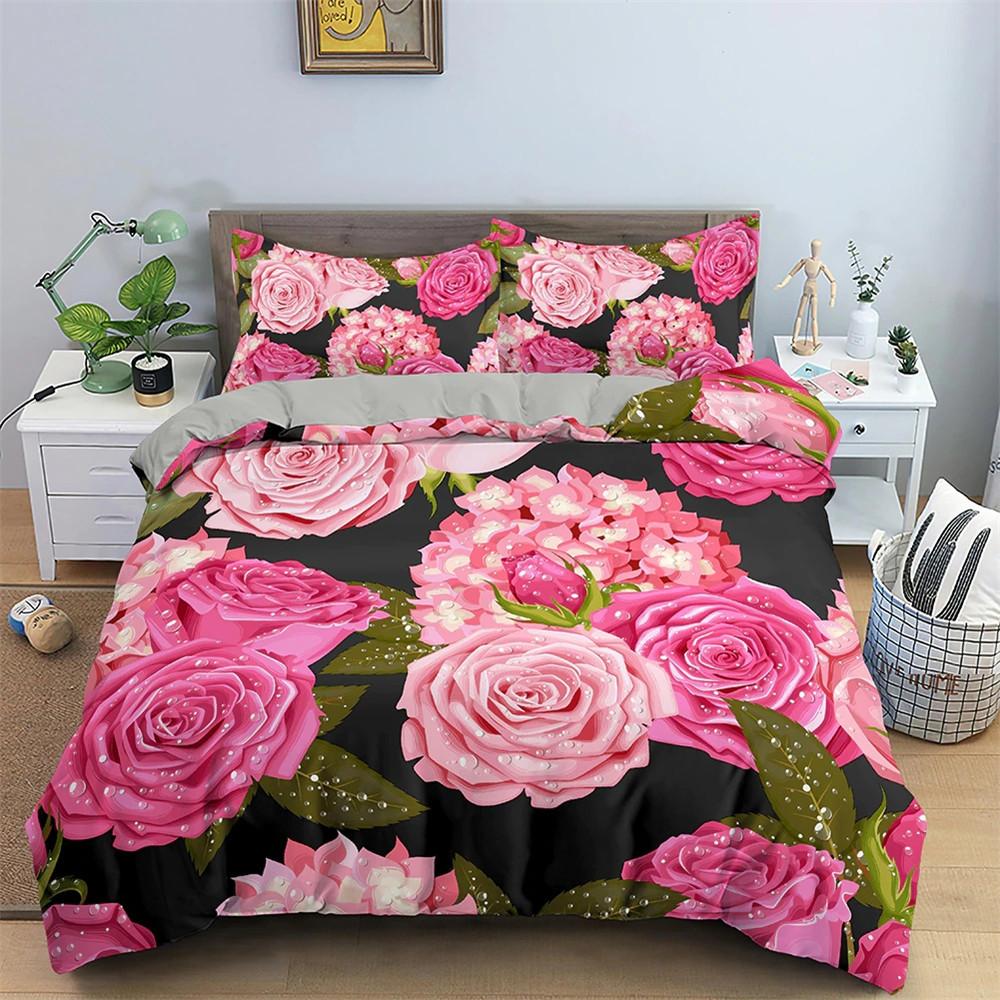 3D Creative Rose Bedding Set Valentine's Day Quilt Cover Pillowcase Bedding Single Double Bed Full Size 2/3 Pieces Microfiber