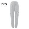 Women Cargo Pants Elastic Waist Solid Color Loose Ankle Length Multi Pockets Casual Soft Breathable Lady Sports Long Trousers