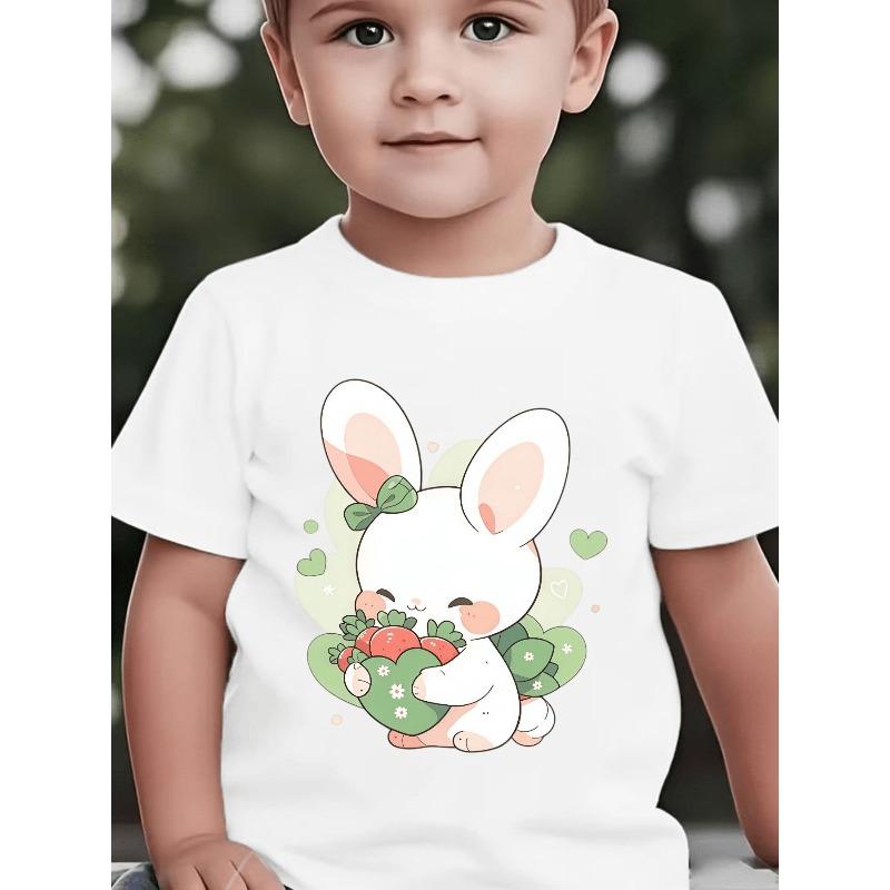 European sizes Boys  Short-Sleeve T-Shirt with Cute White Rabbit, Strawberry, Heart, and Bow Print for Spring, Summer, and Fall 110 белый