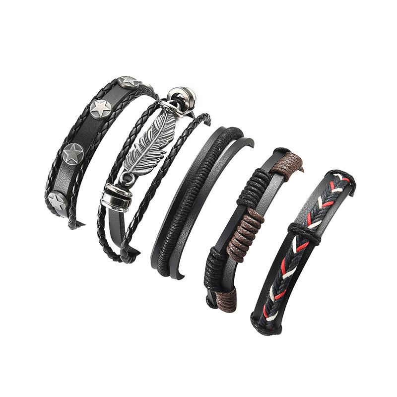 Retro Multilayer Cowhide Punk Bracelet with Leaf and Star Charms In Genuine Leather
