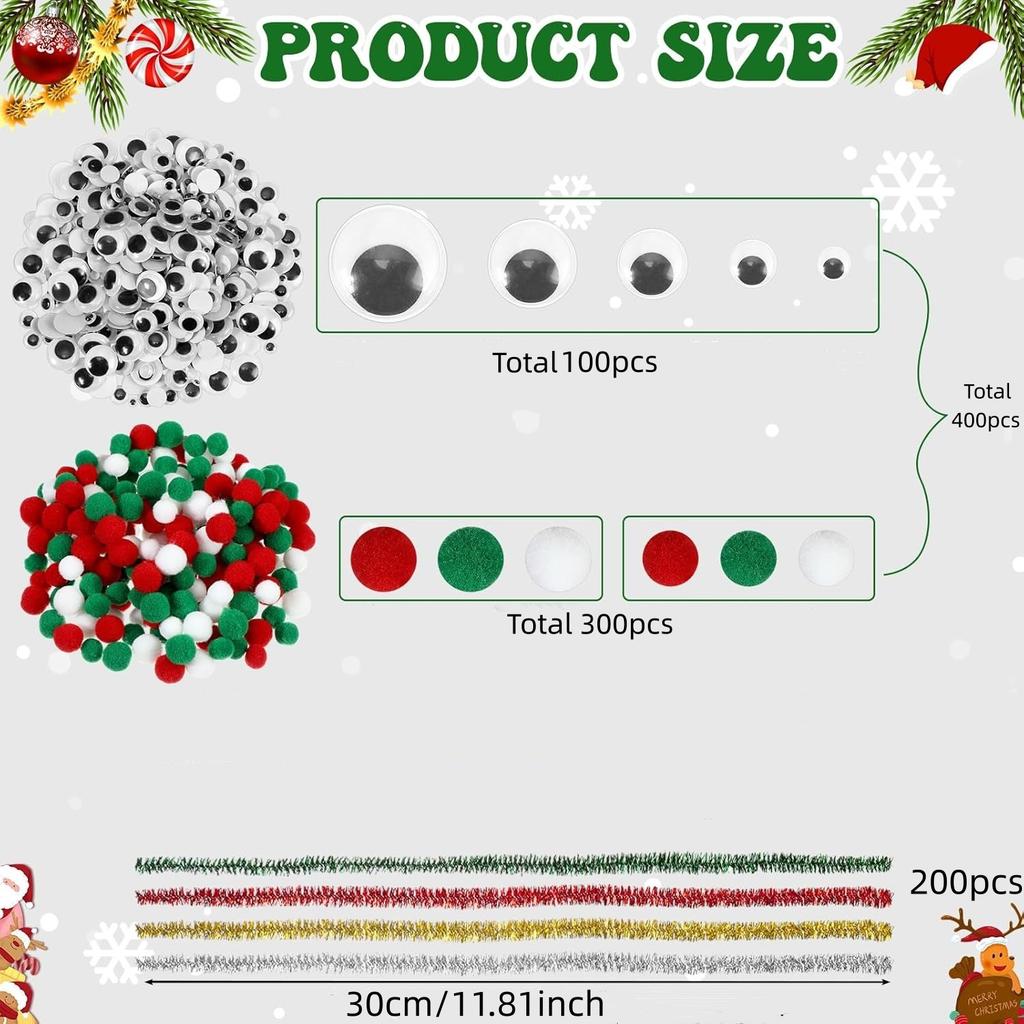 600Pcs Pipe Cleaner Craft Set Including 200 Pcs Pipe Cleaner, 300Pcs PomPoms Balls, 100Pcs Wiggle Googly Eyes for Home DIY Art