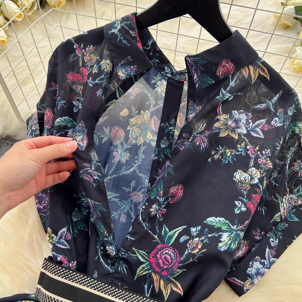 French Vintage Print Lapel Dress Women's Short Sleeve Floral Print High Waist Belt Office Lady Maxi Clothing Female