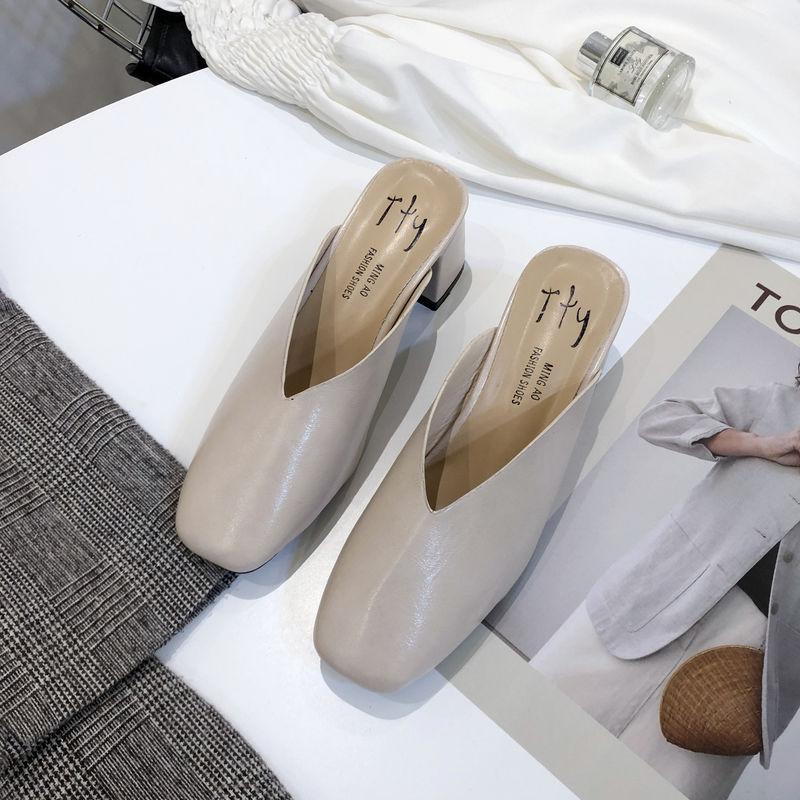 Square Head High Heel Internet Celebrity Sandals Grandma Shoes Thick Heel Bag Head Half Slippers Women's Medium Heel Retro Outer Wear Lazy Muller Shoe