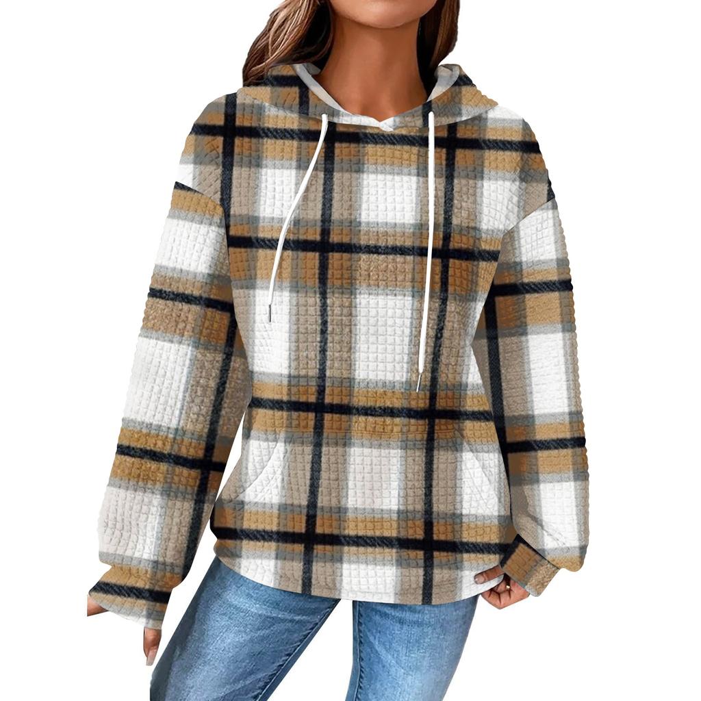 Damenmode Lockerer Kapuzenpullover Langarm Kariertes Sweatshirt mit Kordelzug Überschnittene Schultern und Tasche Print Top