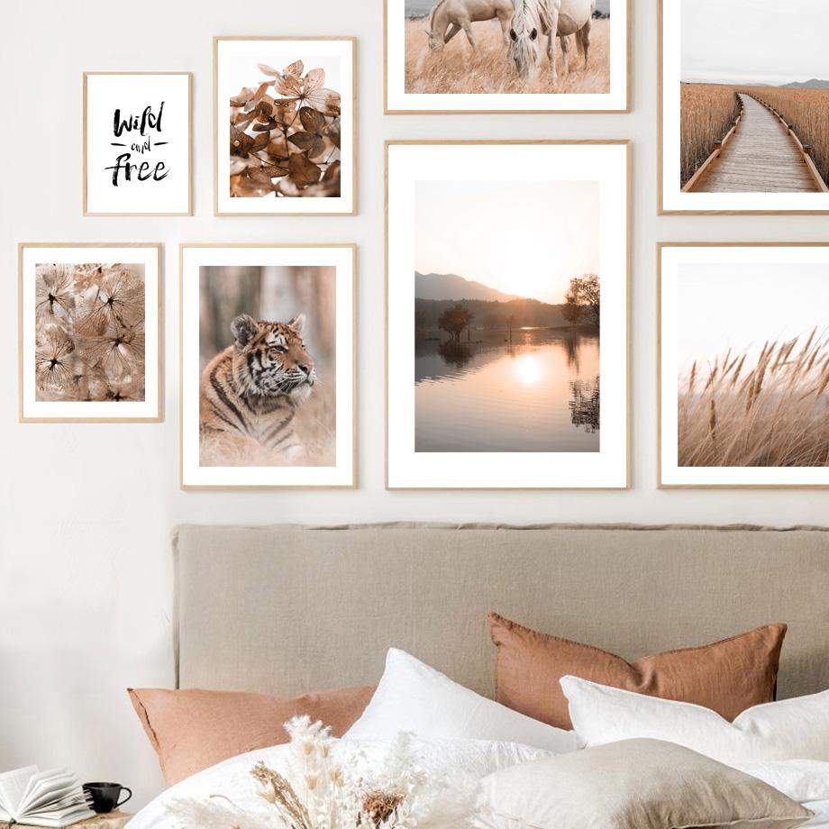 Mountain Calm Lake Tiger Horse Weed Dried Flowers Wall Art Prints Canvas Painting Nordic Poster Decor Pictures For Living Room