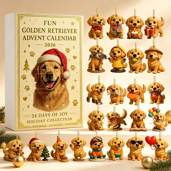 Christmas Collection Set 2026 Advent Calendar Box with 24 Dog Acrylic Ornaments, 2D Flat Hanging Gold Plated Pendants Charms, Countdown Blind Gift for
