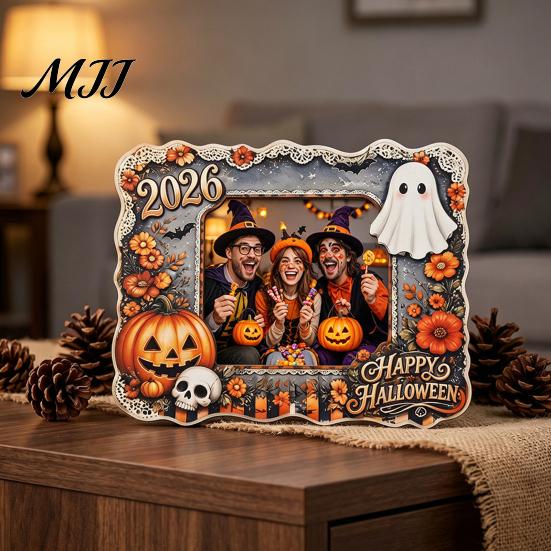 Party Mantel Decorations Halloween Wooden Photo Frame, Cute Ghost Pumpkin Picture Childlike Ornament Rustic Festive Holder for Holiday Table