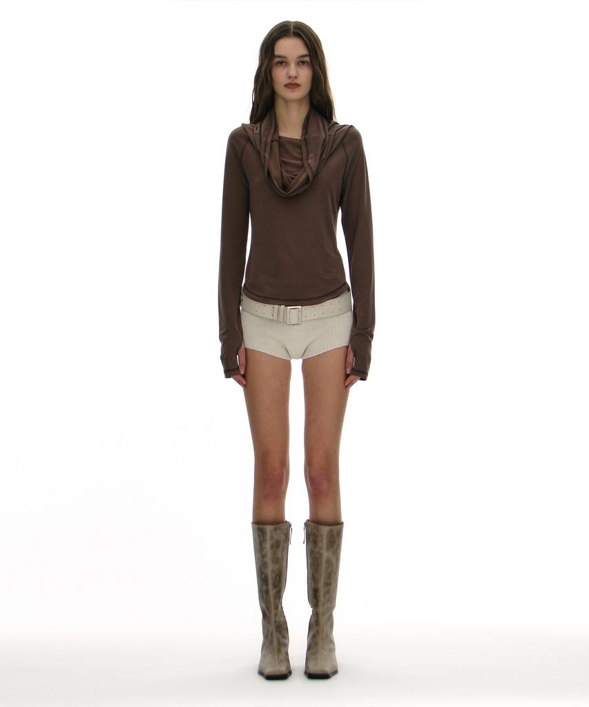 PARTIMENTO WOMEN 3-Way Cowl Neck Long Sleeve Tee_Brown
