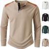 Men Waffle Knit Henley Shirt Contrast Color Long Sleeve Casual Button Neck T Shirt