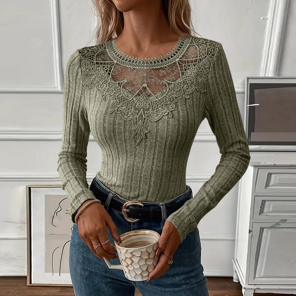 Women V Neck Lace Trim Ribbed Knit Long Sleeve Top Slim Fit Casual Pullover Sweater Lightweight Stretchy Fabric