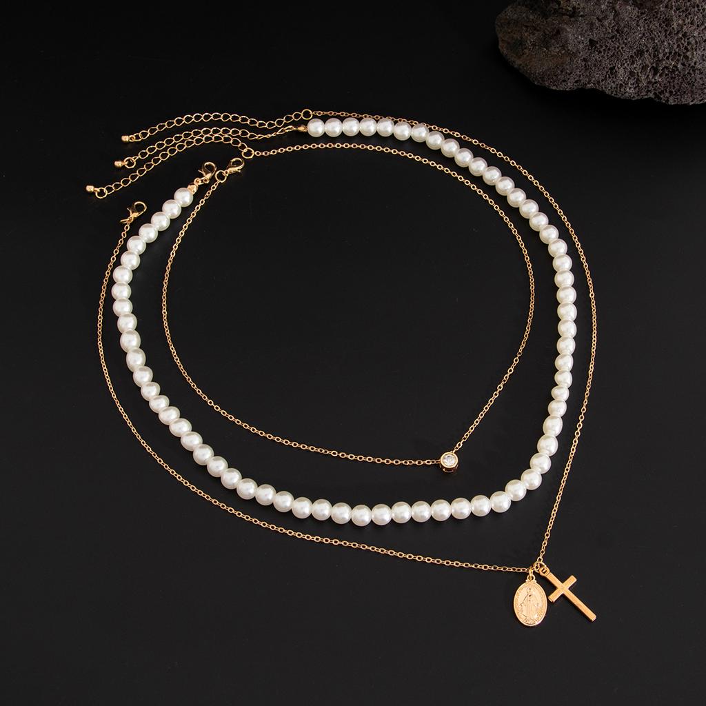 Ingemark Punk Vintage Inlaid Rhinestone Jeus Cross Pendant Choker Necklace Set Men Hip Hop Imitation Pearl Chain Grunge Jewelry