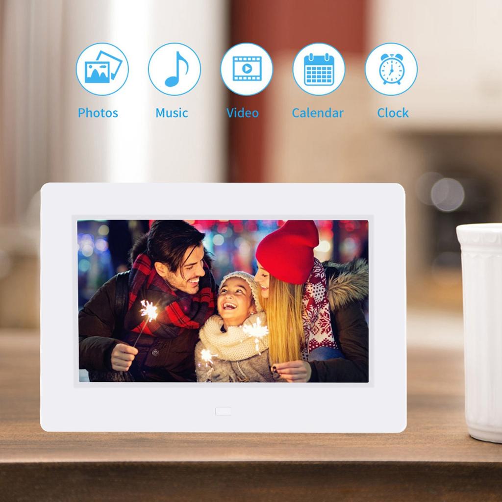7Inch 1024*600HD Digital Photo Picture Frame Alarm Clock Player Album Remote Control White