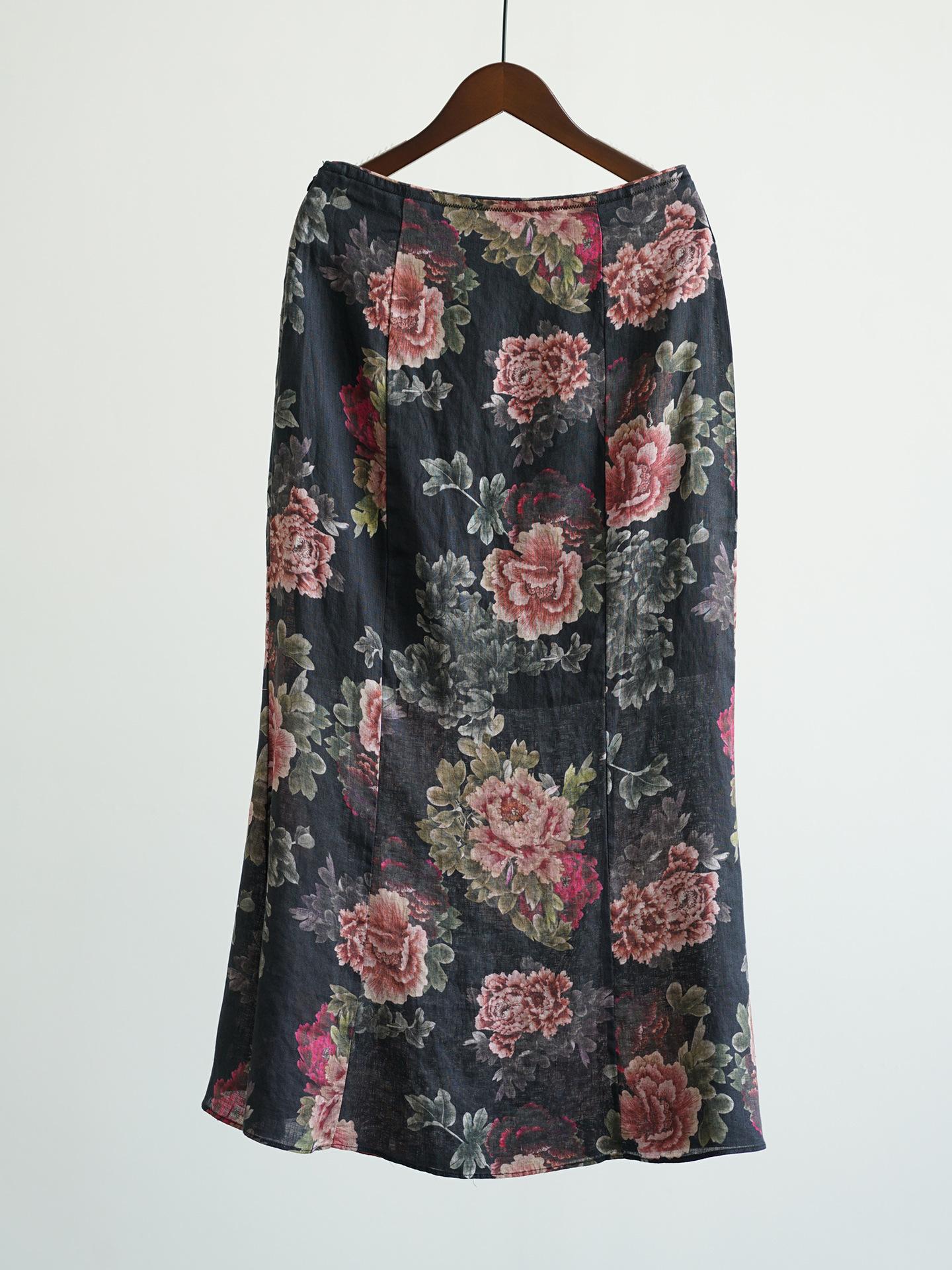 

Johnature Women Vintage Print Floral Straight Skirts Spring Chinese Style Ramie Soft Female High Quality Skirts One Size