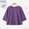 ZANZEA Damen Freizeit Rundhals Locker 3/4 Ärmel Baumwollbluse