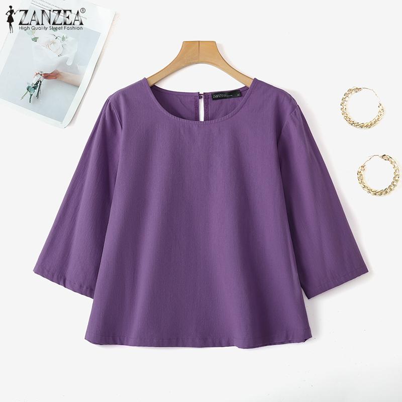 ZANZEA Damen Freizeit Rundhals Locker 3/4 Ärmel Baumwollbluse