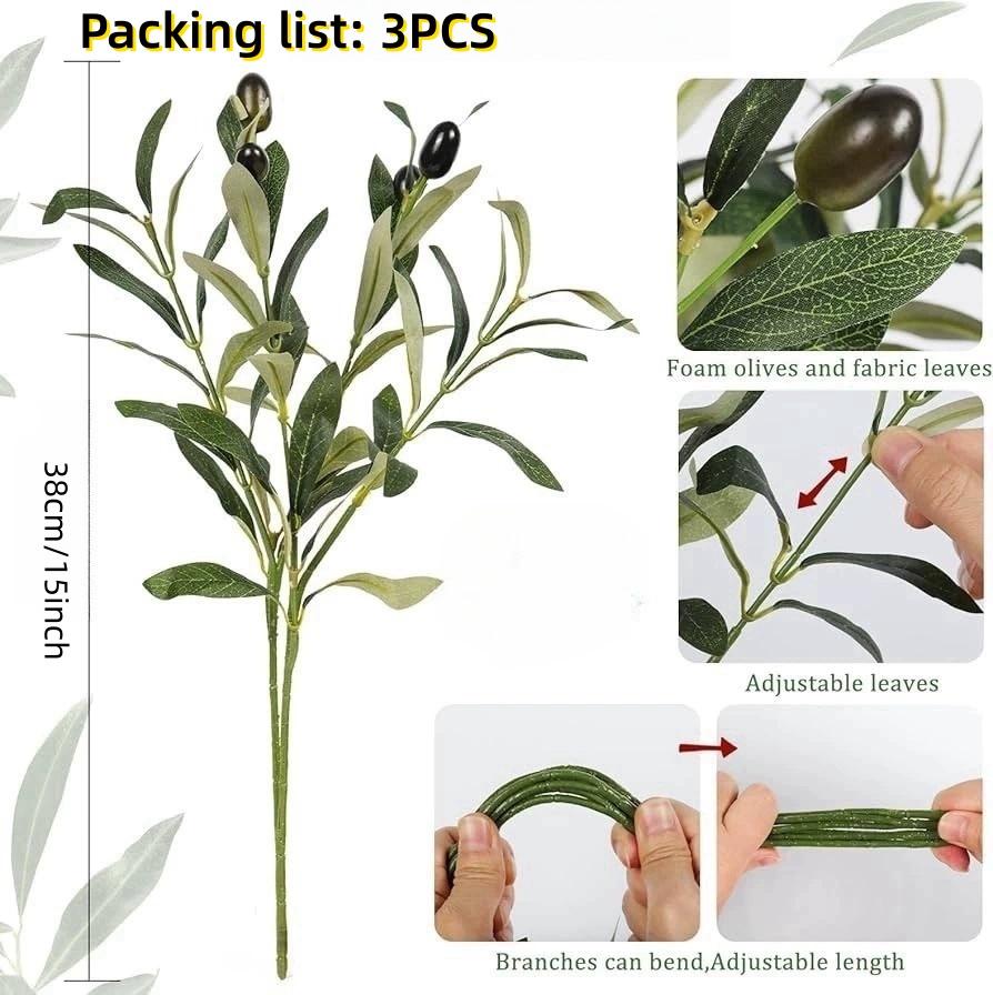 3pc Realistic Lush Artificial Olive Branch with Fruits Faux Greenery for Party Home Table Centerpiece Shelf Indoor Outdoor Decor